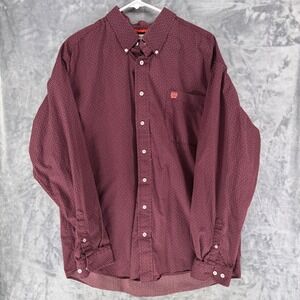 Cinch Mens Burgundy Geometric Print Long Sleeve Button Down Shirt‎ Size Large